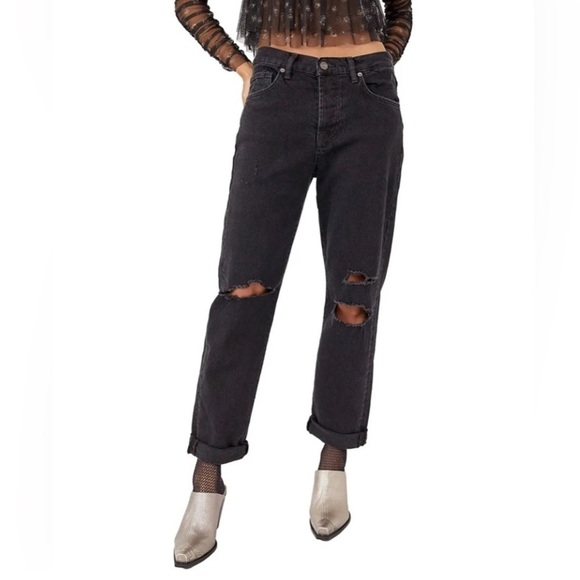 Free People jeans black magic stretch distressed sz 32 NWT NEW plus size - Picture 2 of 9